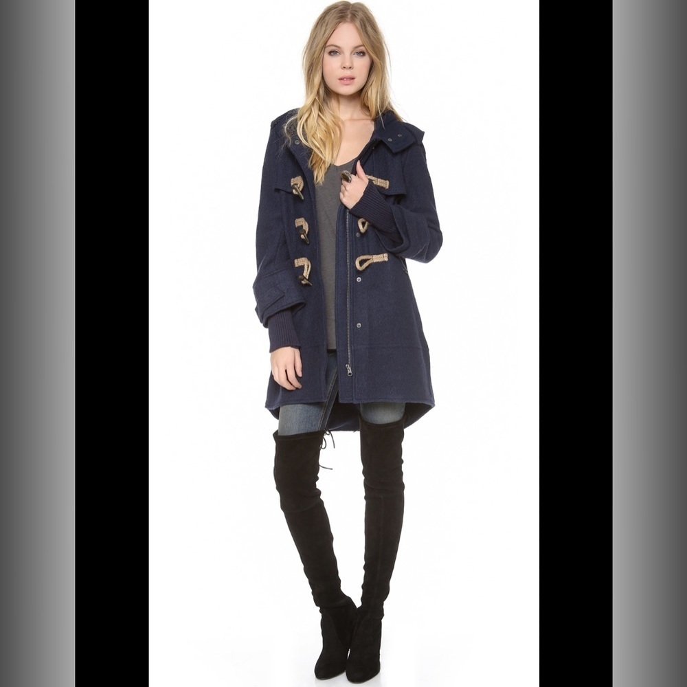 Free People Boiled Wool Military‎ Pea Coat Hooded Toggle Sz M Blue
